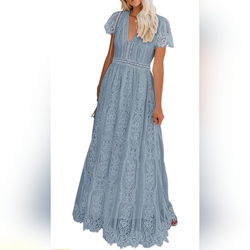 MEROKEETY Women's V Neck Short Sleeve Floral Lace Dress